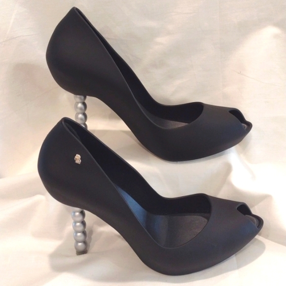 Black Melissa x Karl Lagerfeld "PEARL" Bead Peep Toe Heel Pumps US Size 7 - Picture 5 of 9